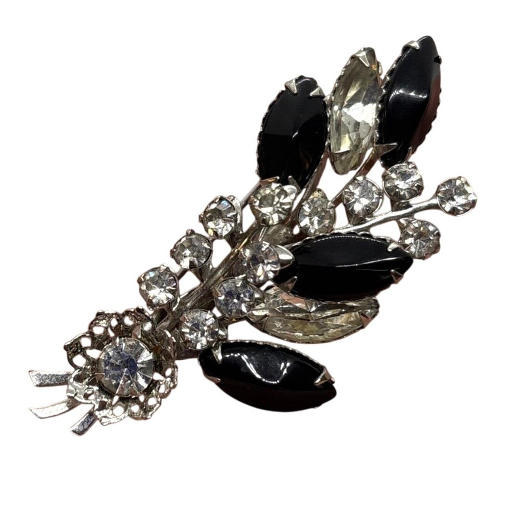 Vintage Unsigned Juliana Black & Clear Rhinestone Pin Brooch Silver Tone‎ Retro